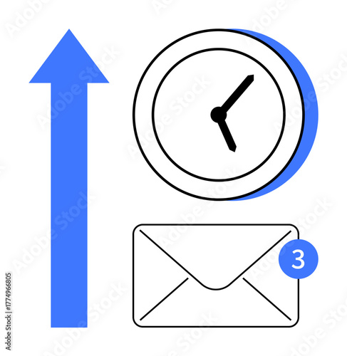 Blue upward arrow, clock, and envelope with notification badge. Ideal for productivity, time management, deadlines, communication, success growth planning. Simple flat metaphor