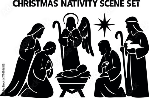 Christmas nativity scene set featuring holy family and angel vector silhouette design for festive decoration and religious celebration