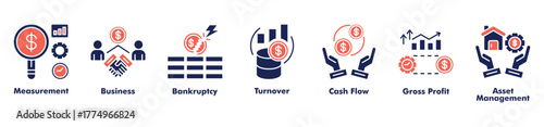 Finance accounting icon set vector consist of measurement, business, bankruptcy, turnover, cash flow, gross profit, and asset management.