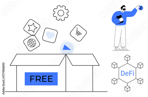 Open box with free digital tools, blockchain network, gear, and user interacting with technology. Ideal for finance, DeFi, blockchain, digital tools, innovation sharing simple flat metaphor