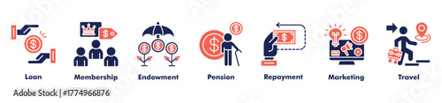 Finance and business icon set vector consist of loan, membership, endowment, pension, repayment, marketing, and travel.
