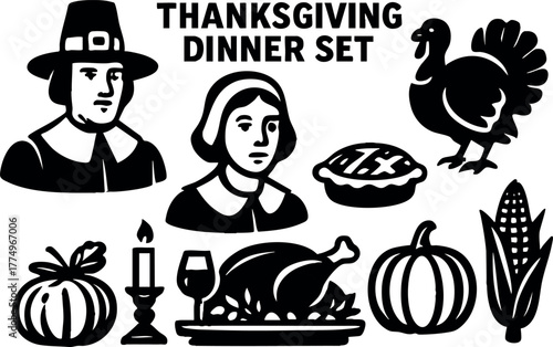 Thanksgiving dinner set with pilgrim man woman turkey pumpkin pie corn candle wine roasted turkey autumn harvest vector