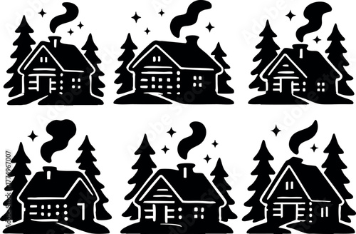 Cabin silhouettes with smoke and pine trees vector icons for cozy winter forest living and nature cabin escape design