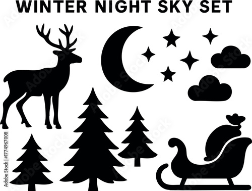 Winter night sky set with reindeer sleigh pine trees crescent moon stars clouds silhouette design vector