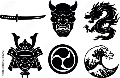 Japanese samurai mask dragon wave sword and helmet traditional symbols vector set for cultural design and illustration