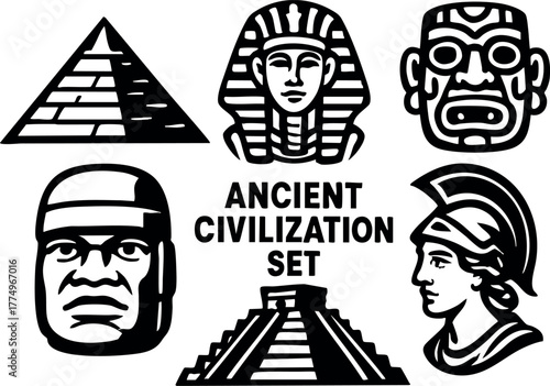 Ancient civilization symbols vector set with pyramid pharaoh totem and historical statue illustrations collection