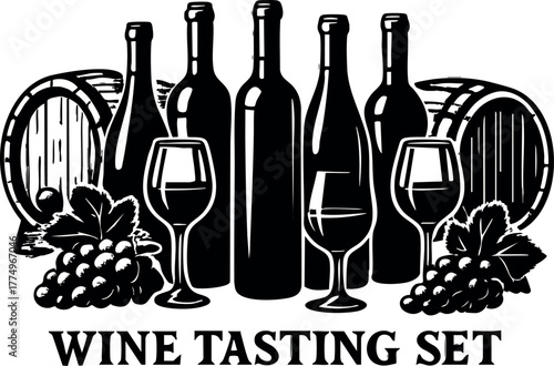 Wine tasting set with bottles glasses grapes and barrels classic style vector illustration