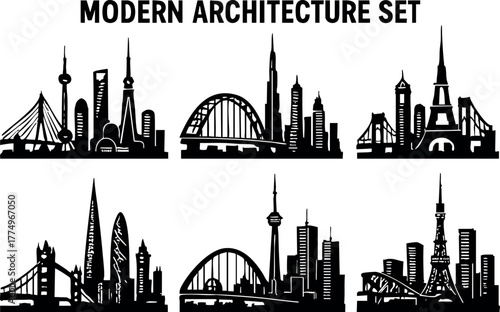 Modern architecture set featuring city skyline silhouettes with bridges and towers in black vector design