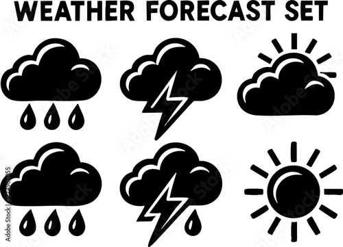 Weather forecast icons set with rain, thunderstorm, and sunny symbols in simple vector style