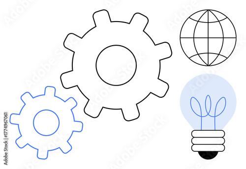 Interlocking gears with a glowing lightbulb and a globe outline. Ideal for teamwork, innovation, ideas, global connectivity, energy solutions, mechanics, and creativity concepts. Simple flat metaphor