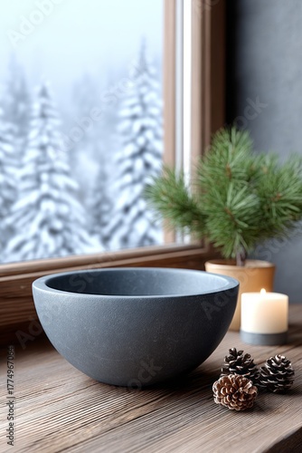 Wallpaper Mural Rustic interior composition with dark ceramic bowl, pine cones and candle on wooden table near window, snowy forest outside creating a calm winter lodge feeling Torontodigital.ca