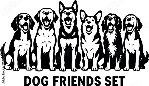 Dog friends set with six different dog breeds sitting together in black and white vector design