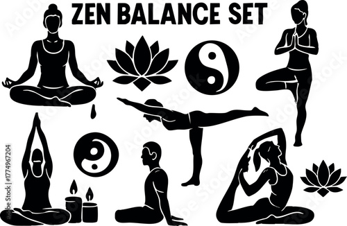Zen balance set with yoga poses lotus flower and yin yang symbols for mindfulness and meditation practice vector illustration
