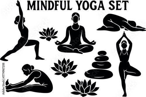 Mindful yoga set with lotus flowers and meditation poses for relaxation and wellness practice
