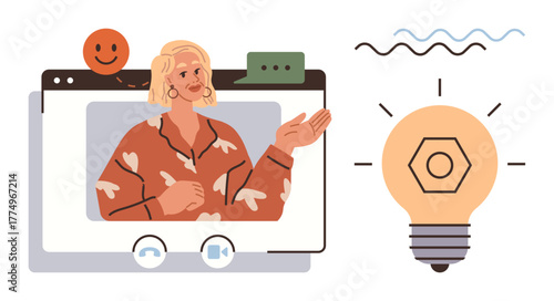 Female presenter on a video call sharing concepts, next to a lit bulb with design elements. Ideal for communication, technology, creativity, education, remote work, brainstorming teamwork. Simple