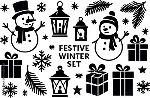 Festive winter snowman lantern gift box pine branch snowflake holiday season vector set