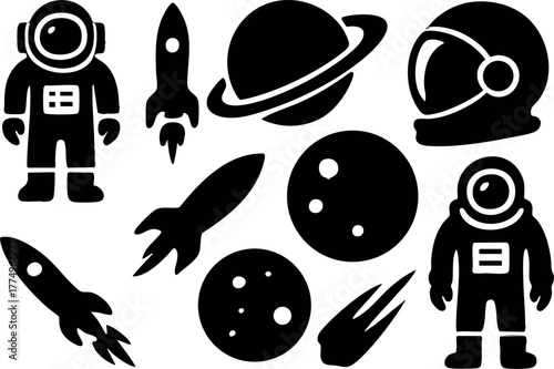 Space themed black silhouette icons including astronaut rocket planet meteor and comet vector set