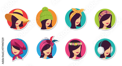 Vector icon set of eight women avatars wearing various hats and stylish head coverings, including colorful beanies and decorated feathers.