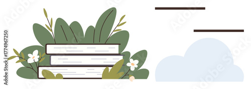 Stack of white books surrounded by green leaves and small flowers next to a light blue cloud. Ideal for education, nature, learning, relaxation, eco-friendliness, storytelling, and peaceful concepts