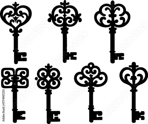 Vintage ornamental keys set with intricate decorative patterns and antique style isolated on white background vector illustration