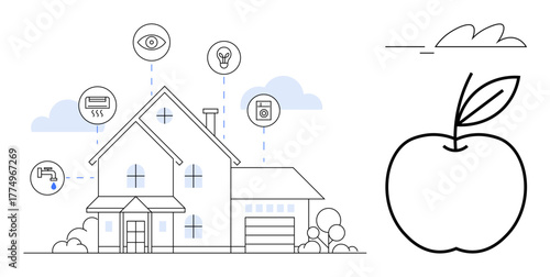 Modern house with smart automation icons for energy, security, and connectivity. Apple icon represents a healthy lifestyle. Ideal for technology, environment, sustainability, innovation, home
