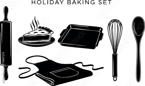 Holiday baking set with rolling pin pie tray whisk wooden spoon and apron vector illustration