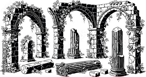 Ancient stone ruins with arched columns and broken pillars in black and white vector design for historical architecture and archaeology themes