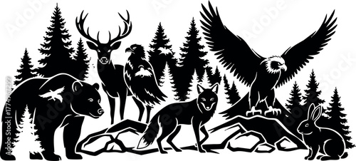 Wild forest animals silhouette with bear deer owl wolf rabbit and pine trees vector design