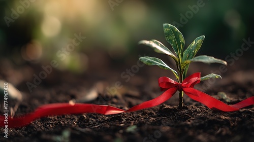Green seedling with red ribbon bow in soil—renewal and hope concept for World AIDS Day environmental and community campaigns