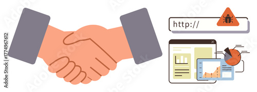 Handshake symbolizing partnership, warning icon near URL emphasizing cybersecurity, and data charts for collaboration and analysis. Ideal for trust, security, teamwork, technology, analysis, risk