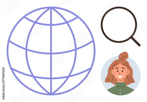 Earth grid symbolizing global reach, magnifying glass for search, and woman portrait for user connection. Ideal for technology, networking, research, recruitment, globalization, AI and education