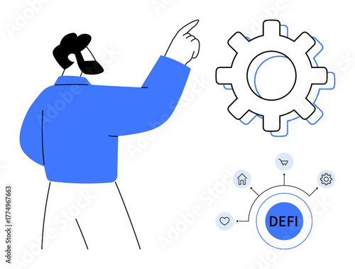 Person pointing, large gear icon, decentralized finance infographic with small icons for home, heart, shopping. Ideal for fintech, blockchain, innovation, finance decentralization technology