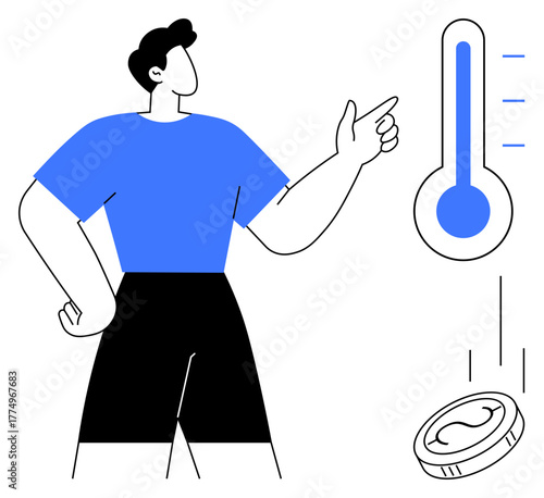 Person pointing at a fundraising thermometer with a falling coin representing financial support. Ideal for donation, fundraising, charity, support, goals, community, and finance concepts. Simple flat