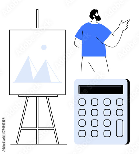 Man presenting data on a chart board with geometric imagery alongside a digital calculator. Ideal for business, education, analysis, planning, strategy, finance, presentation. Simple flat metaphor