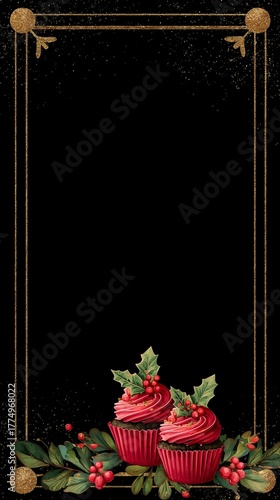 Festive Christmas Cupcakes with Holly and Gold Border