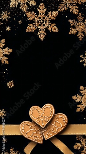 Elegant gold snowflakes and heart-shaped gingerbread cookies adorn a dark background with ribbon.