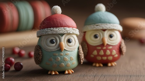 Two charming owls with Santa hats and berries on wood