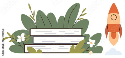 Stack of books surrounded by green leaves, white flowers, and a rocket taking off. Ideal for education, knowledge, growth, innovation, eco-friendly learning exploration success. Simple flat