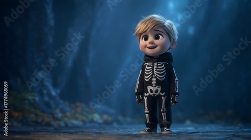Cute Cartoon Boy in Skeleton Costume Halloween