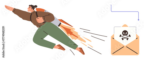 Person using a jetpack to evade a malicious email threat featuring a skull icon. Ideal for cybersecurity, phishing, digital safety, online threats, hacking prevention, secure communication, simple