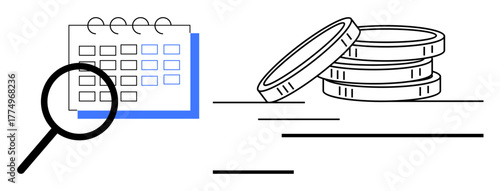 Magnifying glass over calendar next to stacked coins, symbolizing time management, budgeting, and financial analysis. Ideal for planning, investment, saving, organization, research focus simple