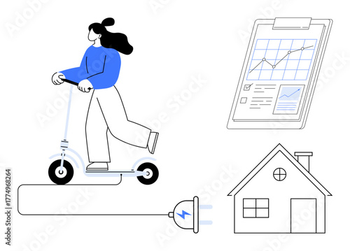 Woman riding electric scooter, charging cord and plug symbolize renewable energy, chart suggests data analysis, and house hints at eco-conscious living. Ideal for sustainability, energy, technology