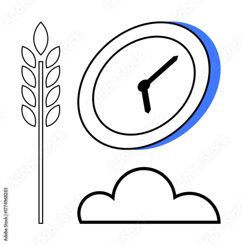 Wheat stalk, tilted clock, and cloud illustrating concepts thumbs up time, productivity, nature, and seasons. Ideal for agriculture, sustainability, food production weather time management