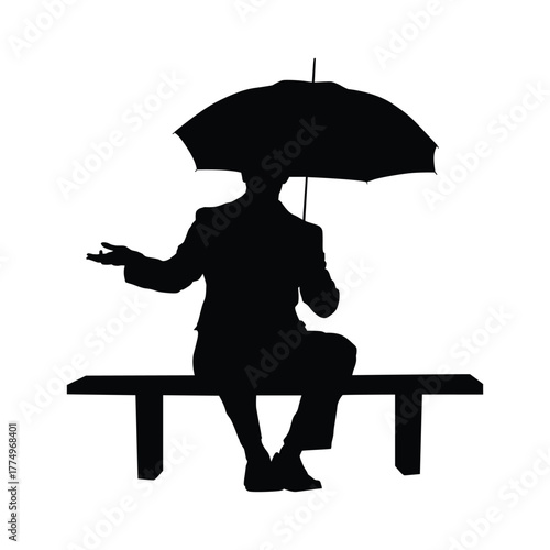 Silhouette of a figure sitting on a park bench under an umbrella, hand open in a communicative gesture. Ideal for concepts of waiting, discussion, rain, and city life.