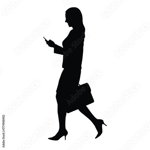 Silhouette of a professional woman quickly walking while looking at her mobile phone. Represents concepts of digital communication, multitasking, and busy corporate schedule.
