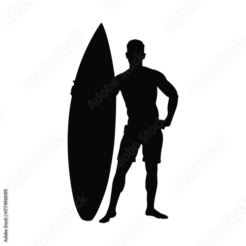 Silhouette of a muscular man in shorts, standing barefoot and holding a surfboard. Great for concepts of surfing, beach holidays, water sports, summer, and ocean activity.