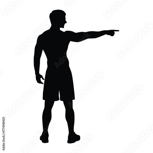 Silhouette of an athletic man pointing strongly with his index finger. Ideal for concepts of guidance, direction, instruction, command, fitness motivation, or indication