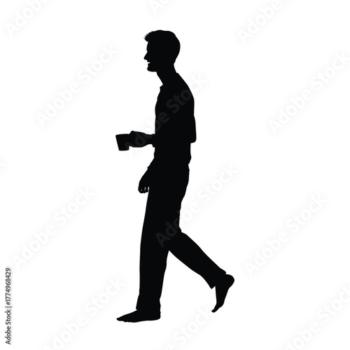 Silhouette of Man Walking Barefoot, Holding a Mug for Casual Home or Morning Scene