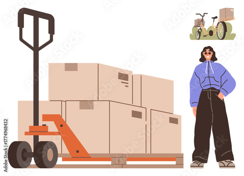 Woman in casual outfit beside stacked boxes on a pallet jack, with a cargo bike carrying goods in the background. Ideal for logistics, delivery, e-commerce, transportation, teamwork, efficiency
