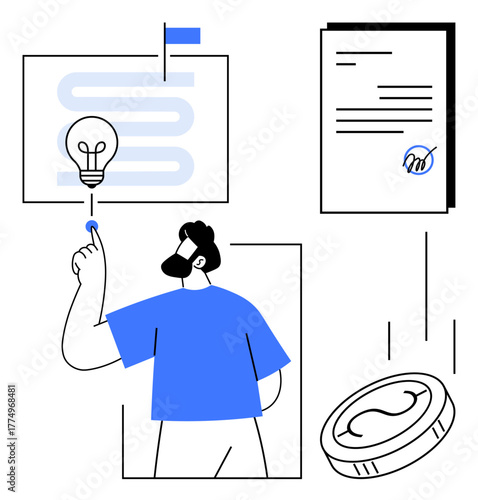 Man pointing to lightbulb, document with signature, coin, and chart pathway. Ideal for brainstorming, innovation, entrepreneurship, investment planning success creativity. Minimalist flat metaphor